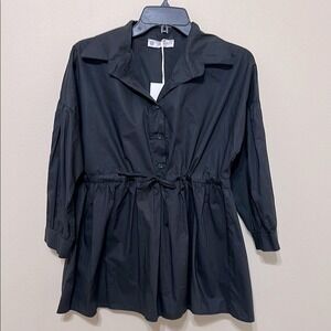 Collared Drawstring Waist Tunic Top Mini Dress - Long‎ Sleeve Shirt